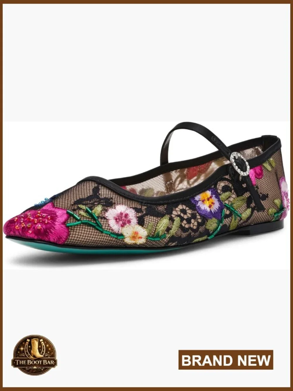 Floral Embroidered Ballet Flat with Ankle Strap and Buckle Closure
